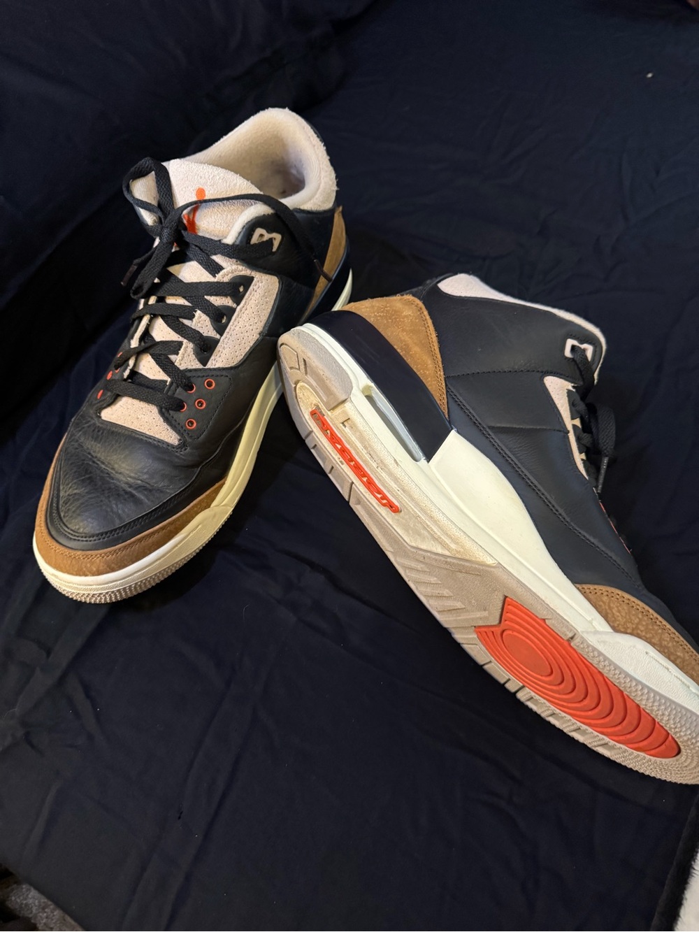 Jordan Men's Black Brown and Cream Retro Sneakers with Orange Accents